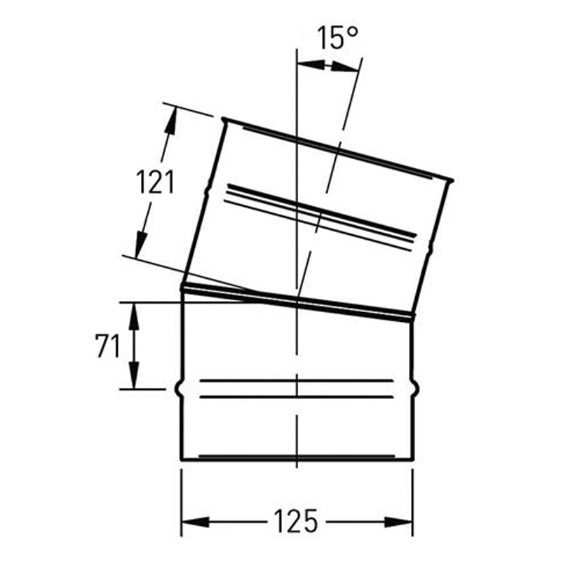 Bocht Ø125 mm – 15° – Enkelwandig RVS