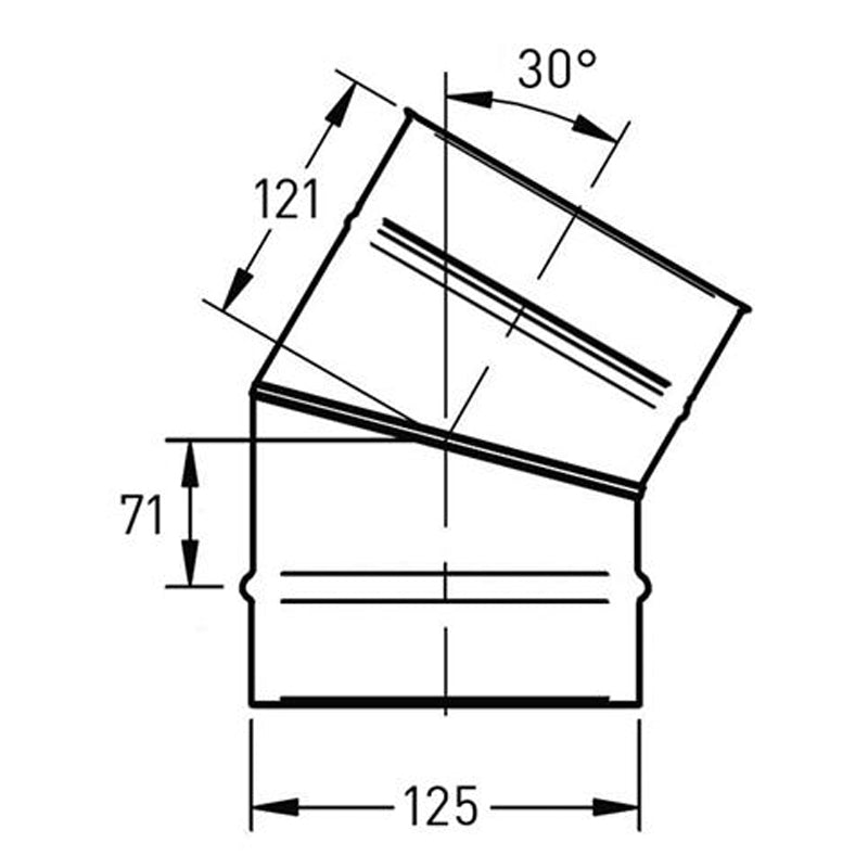 Bocht Ø125 mm – 30° – Enkelwandig RVS