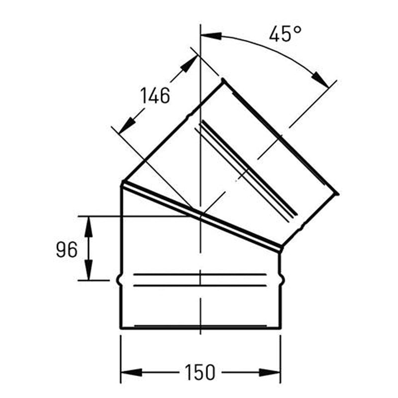Bocht Ø150 mm – 45° – Enkelwandig RVS