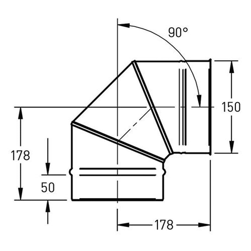 Bocht Ø150 mm – 90° – Enkelwandig RVS