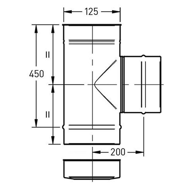 T-stuk Ø125 mm – 90° met deksel – Enkelwandig RVS