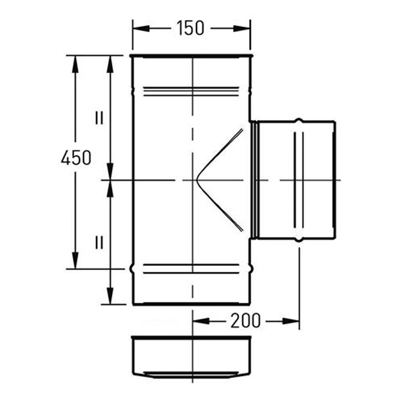 T-stuk Ø150 mm – 90° met deksel – Enkelwandig RVS