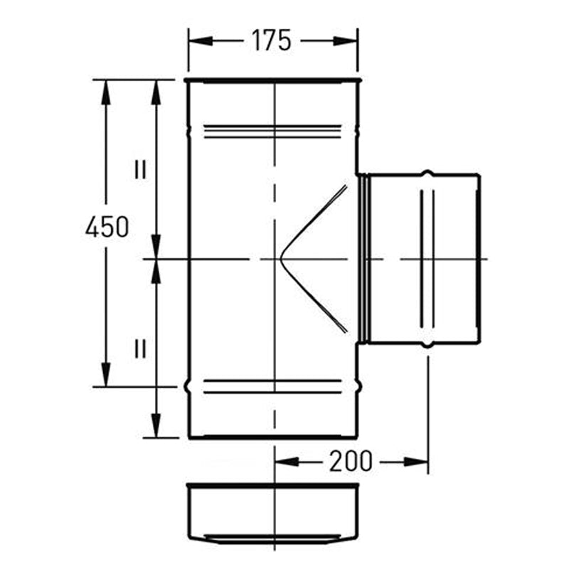T-stuk Ø175 mm – 90° met deksel – Enkelwandig RVS