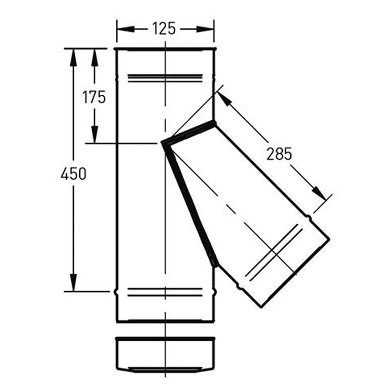 T-stuk Ø125 mm – 135° (45°) met deksel – Enkelwandig RVS