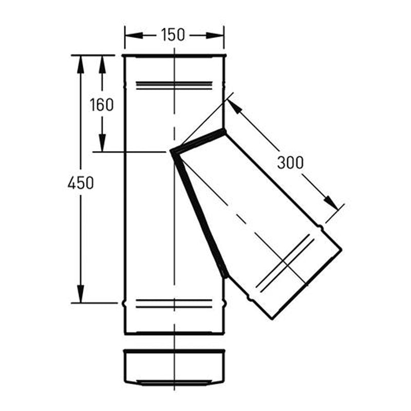 T-stuk Ø150 mm – 135° (45°) met deksel – Enkelwandig RVS