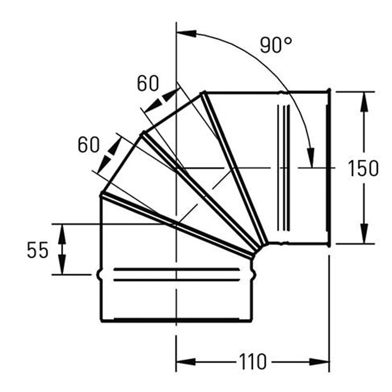 Verstelbare Bocht Ø150 mm – 0° tot 90° – Enkelwandig RVS - Afbeelding 2