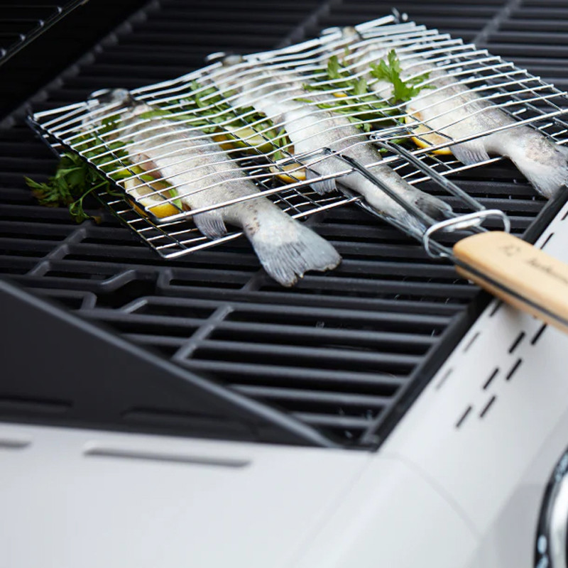 Barbecook visgrill voor 3 vissen uit chroom en hout - Afbeelding 3
